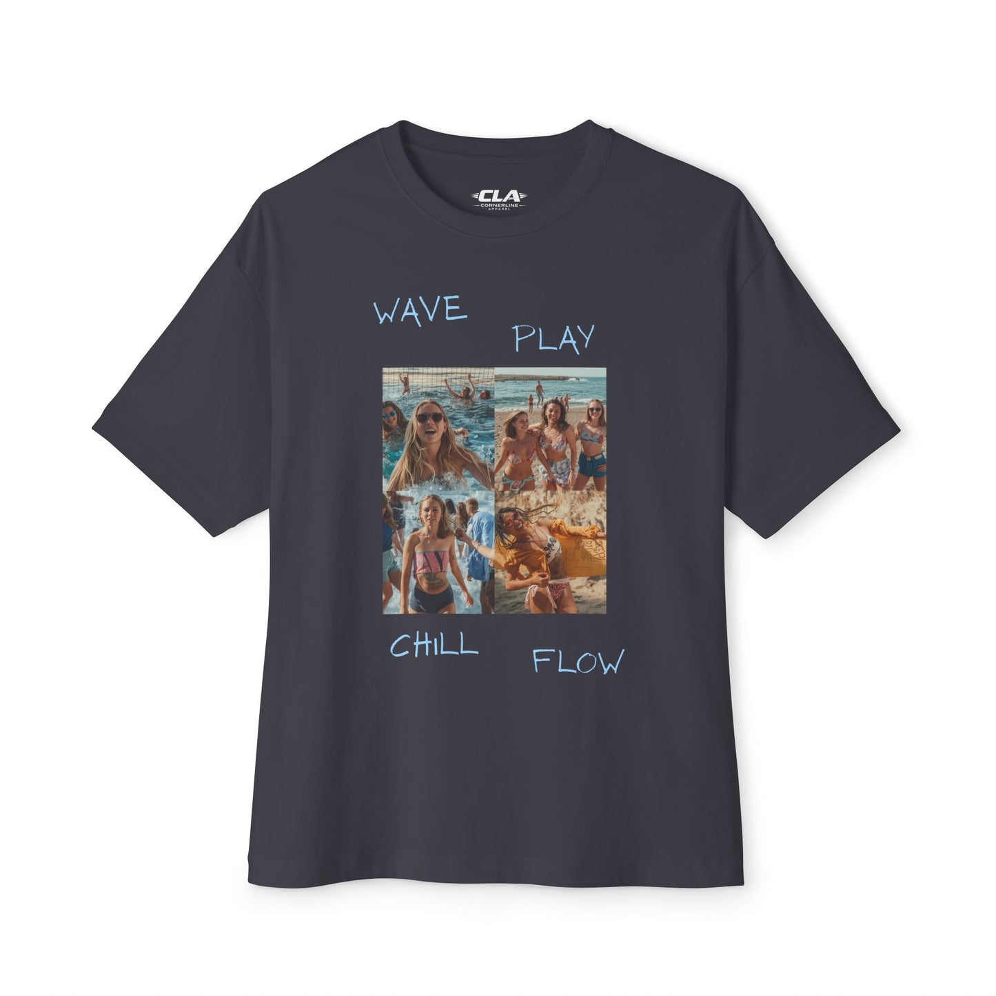Beach Vibes Graphic Tee — 'Wave, Play, Chill, Fun' Oversized Boxy Shirt