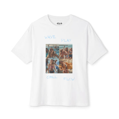 Beach Vibes Graphic Tee — 'Wave, Play, Chill, Fun' Oversized Boxy Shirt