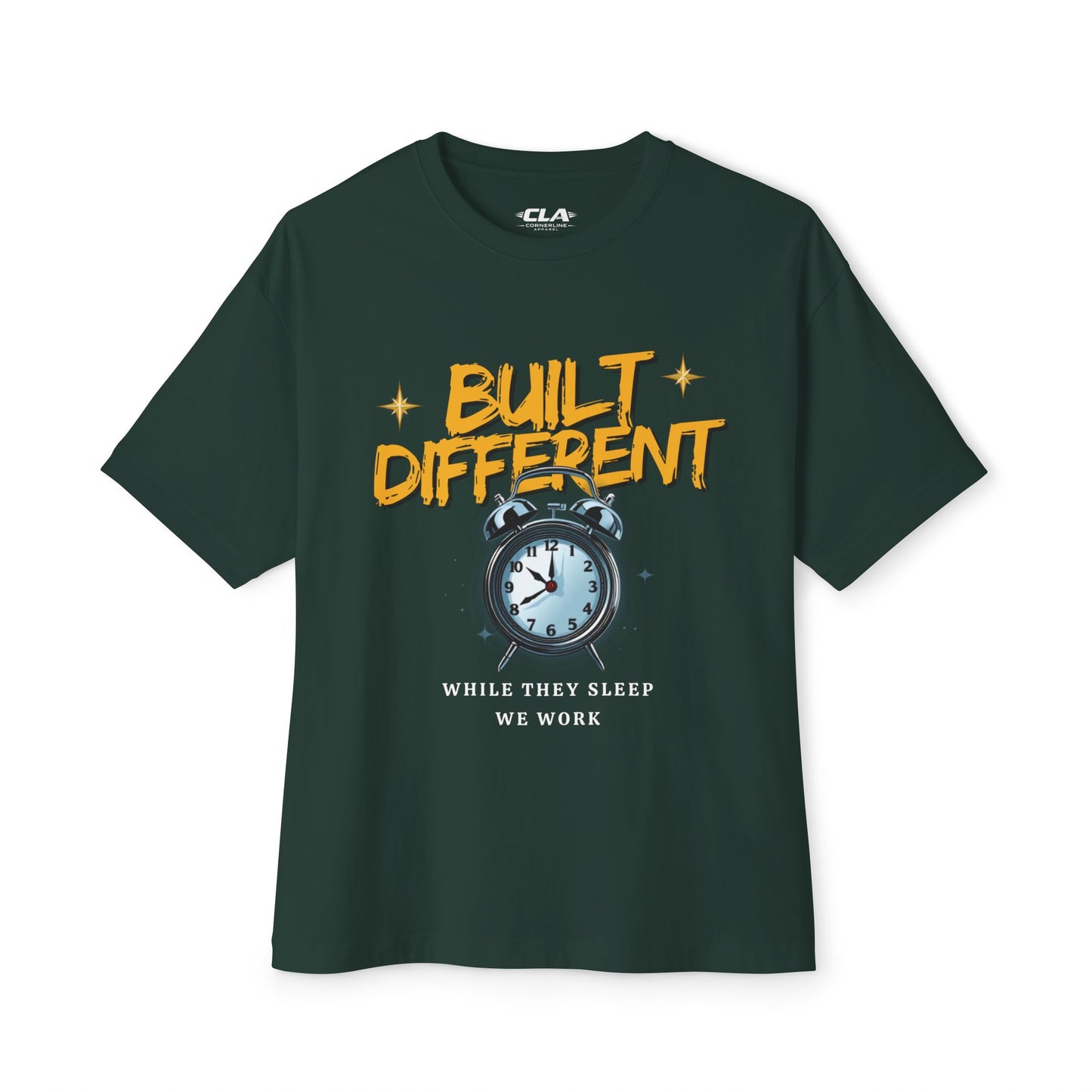 Built Different Alarm Clock Tee — "Built Different: While They Sleep We Work" Motivational T‑Shirt